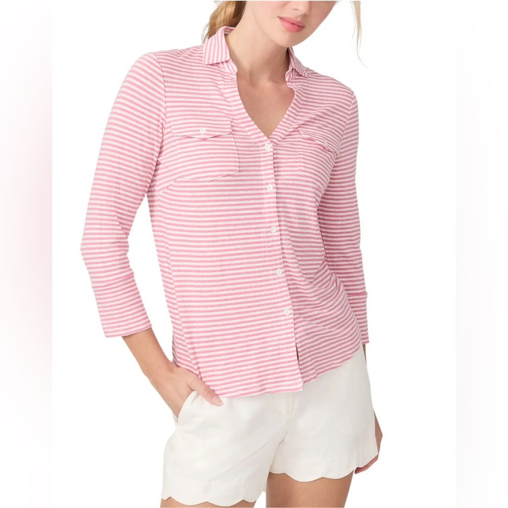 J. McLaughlin Casual Pink & White Stripped Linen Spandex Button Down Shirt Small